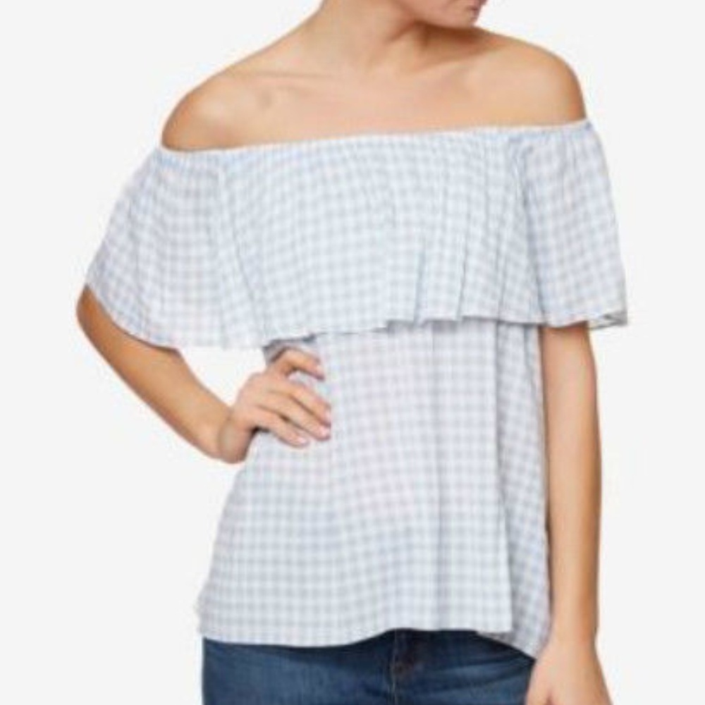 New High-Low Off the Shoulder Gingham Flounce Top